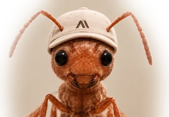 The $ANT mascot: a realistic orange-red ant wearing a beige cap with a stylized A mark